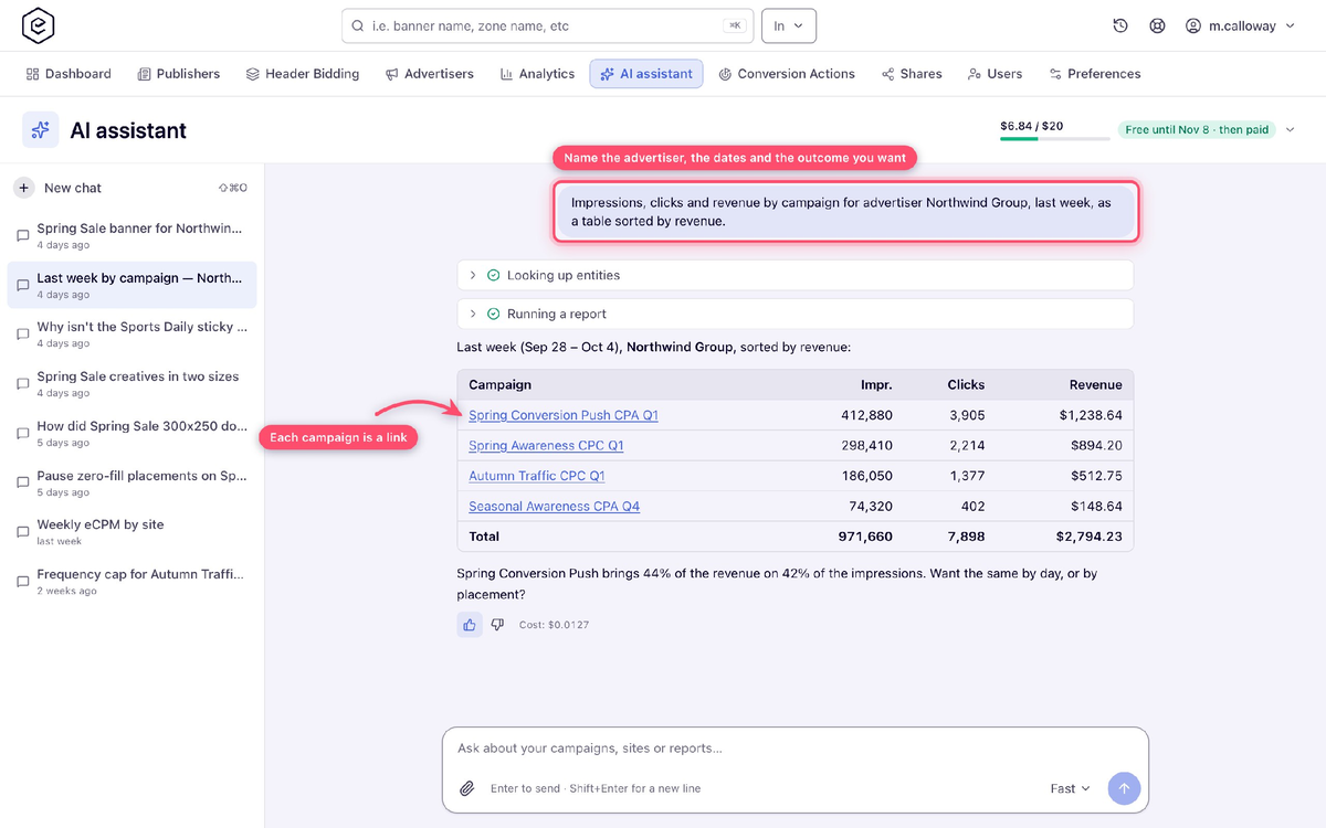 Epom Ad Server — the AI assistant returning a campaign report from a plain-language request, with each campaign linked