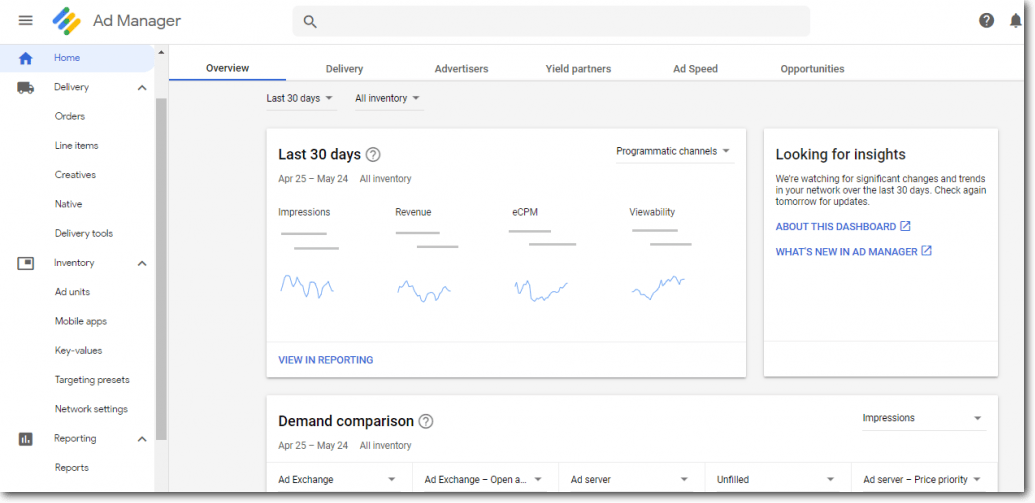 Google Ad Manager home screen