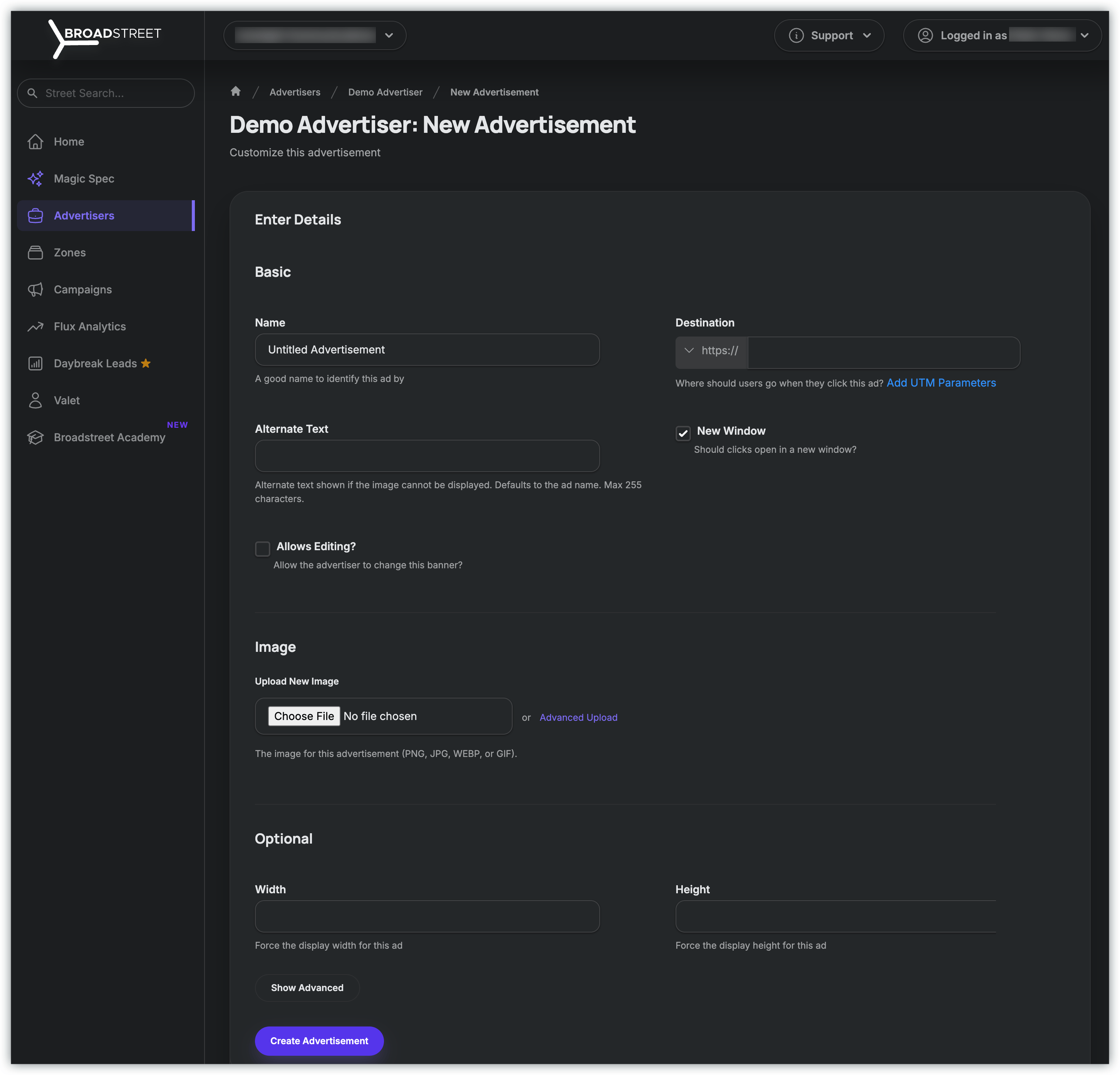 Broadstreet: creating an advertisement