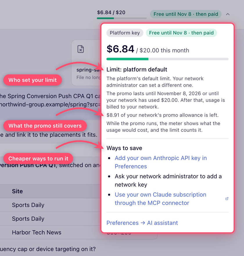 Epom Ad Server — the spend meter showing the limit, who set it and what the promo still covers