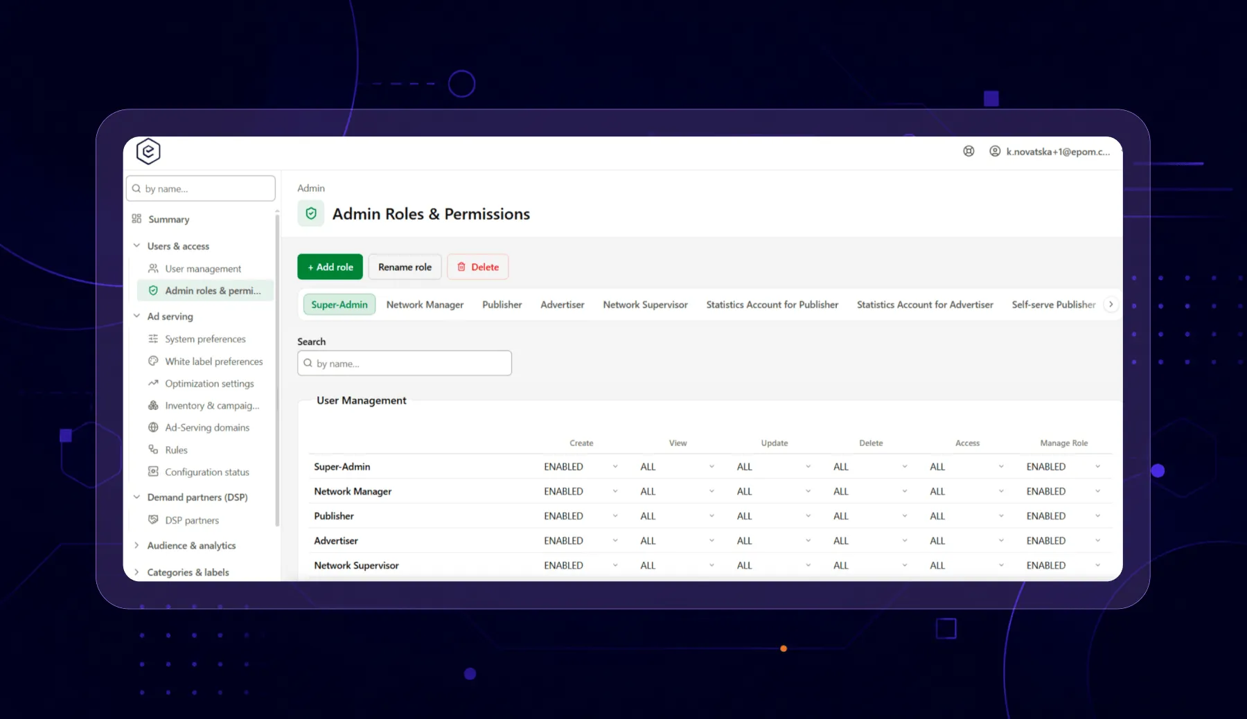 ad server user roles template list in Epom.
