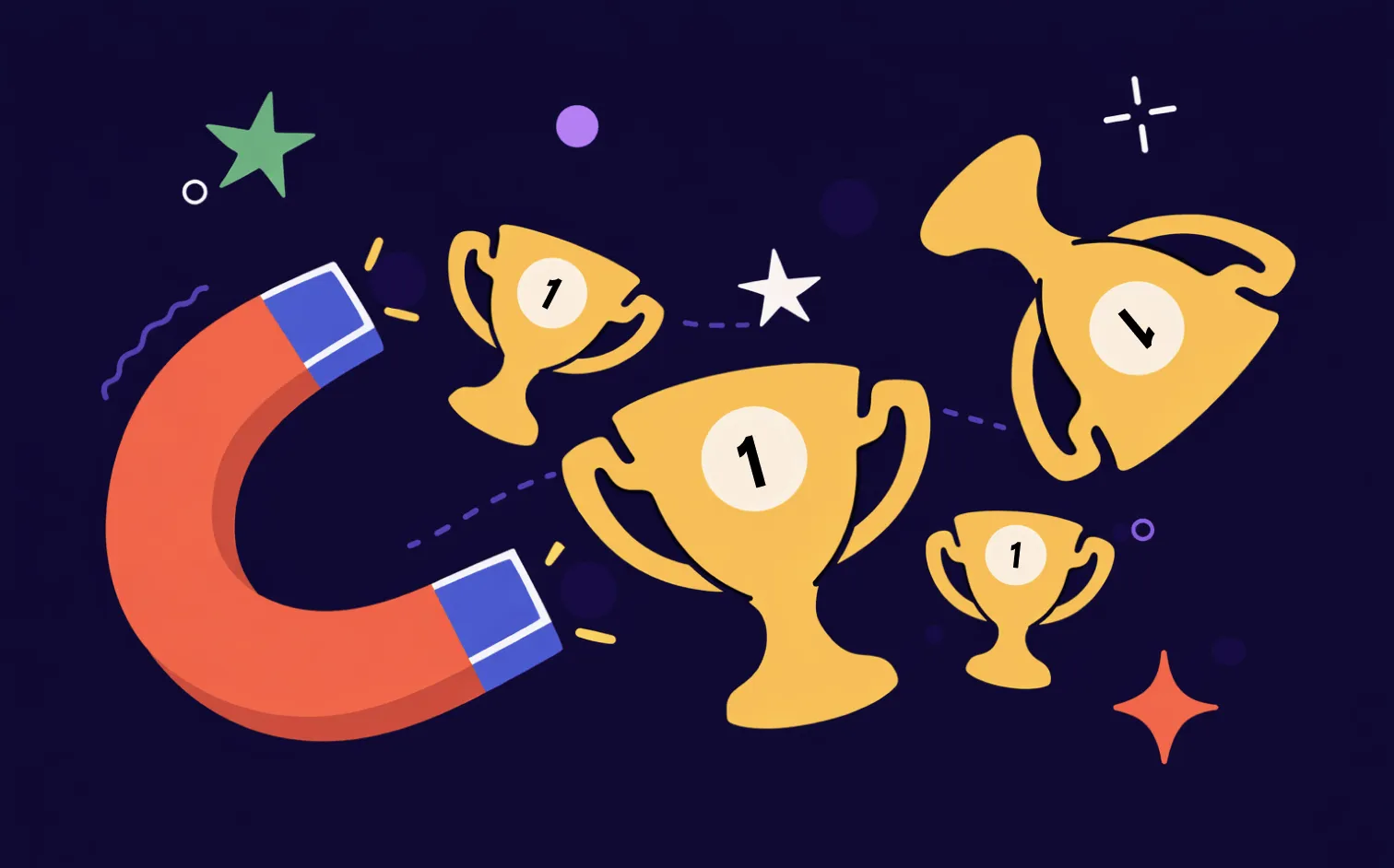 Magnet attracts three gold trophies symbolizing retargeting wins.