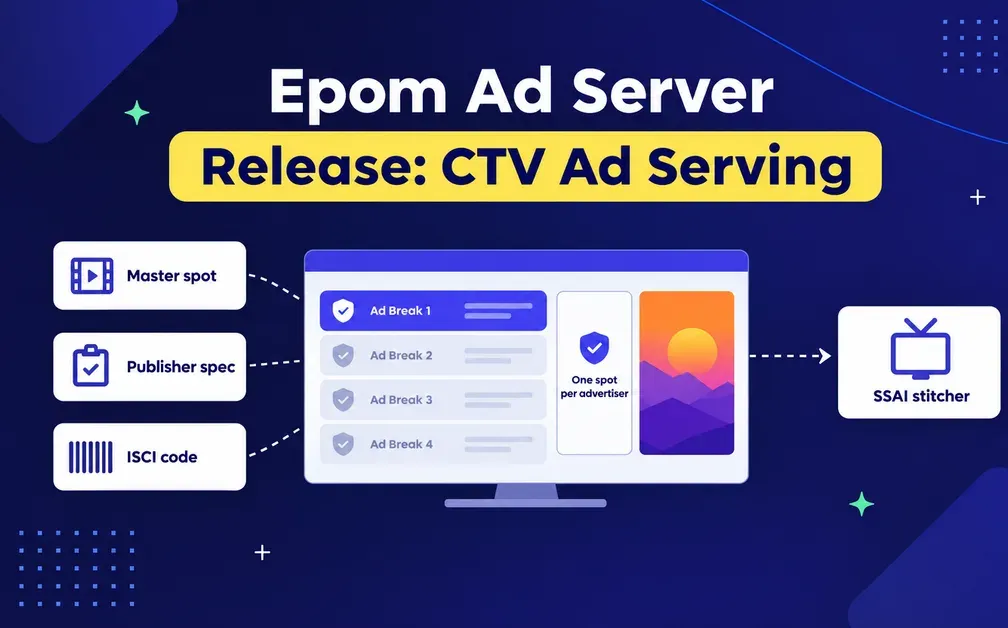 A wide 16:9 blog header illustration for an adtech product release, flat vector
style, clean and corporate.

BACKGROUND: deep navy-to-indigo gradient (#0A0E2E to #1E1B6B). Subtle abstract
geometry — l (hero)