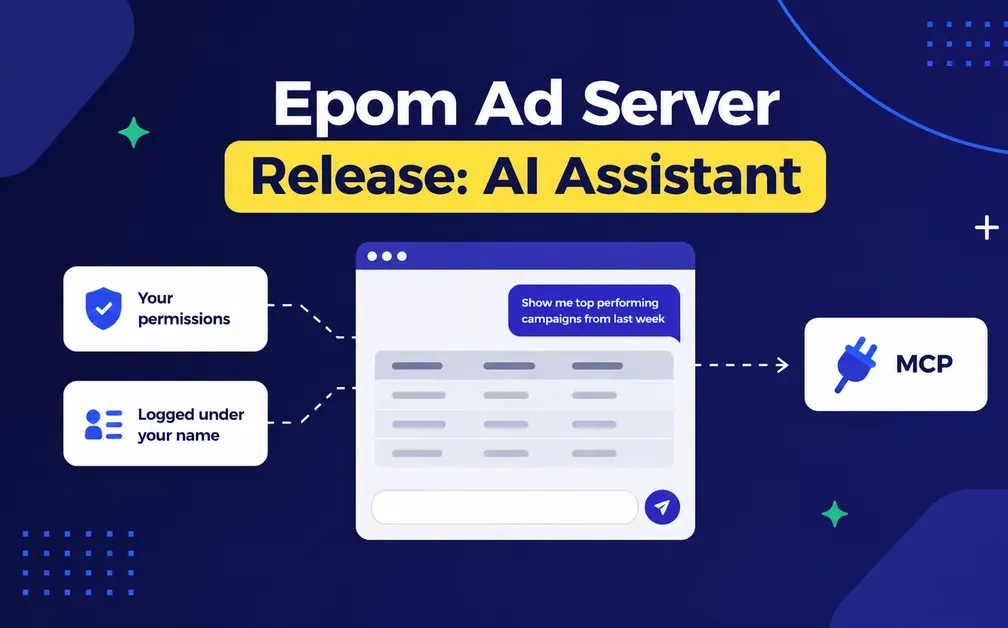 An illustration for a blog article titled "An In-Built AI Assistant in Epom Ad Server & MCP". A wide 16:9 blog header illustration for an adtech product release, flat vector
style, clean and corporate (hero)