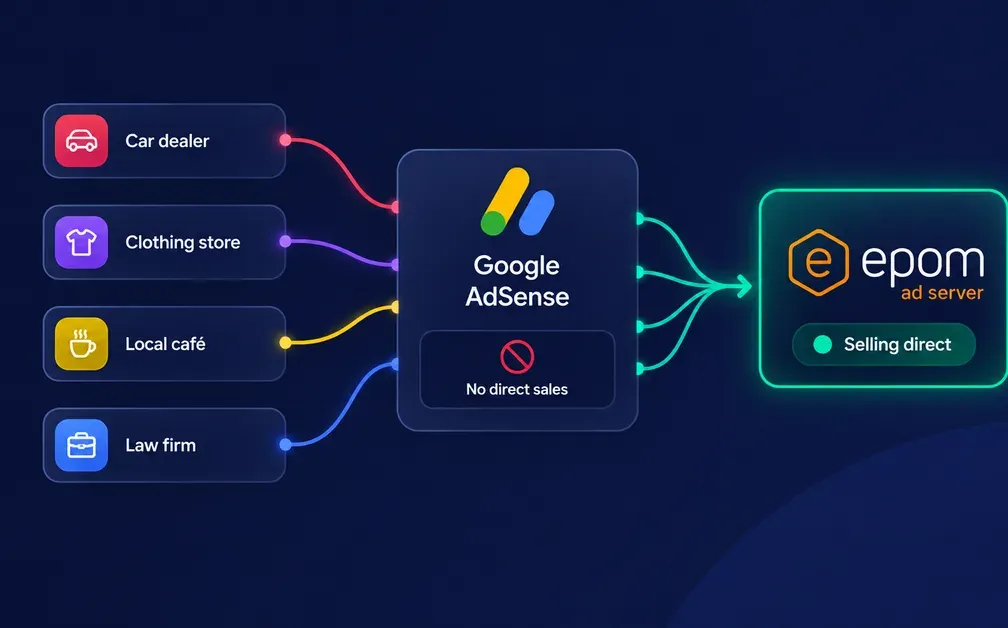 An illustration for a blog article titled "7 AdSense Alternatives for Publishers Who Sell Ads Directly". It covers: TL;DR; What Is an AdSense Alternative?; Why Do Publishers Outgrow AdSense?; Do You N (hero)