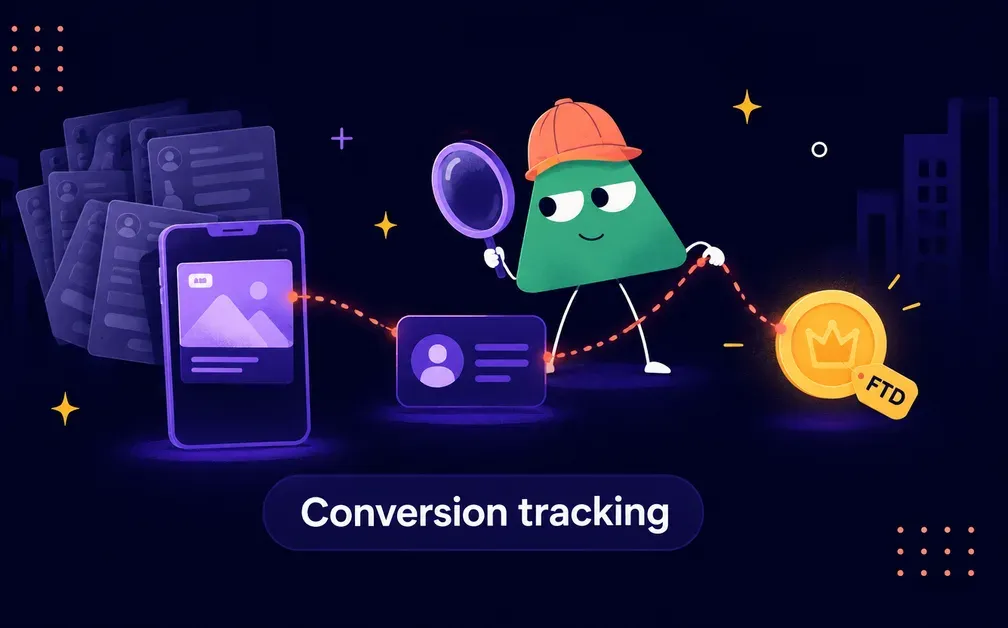 An illustration for a blog article titled "iGaming Conversion Tracking: How to Tie Every FTD to the Banner That Earned It". Flat 2D editorial illustration for a blog header, 16:9, in the same style as (hero)