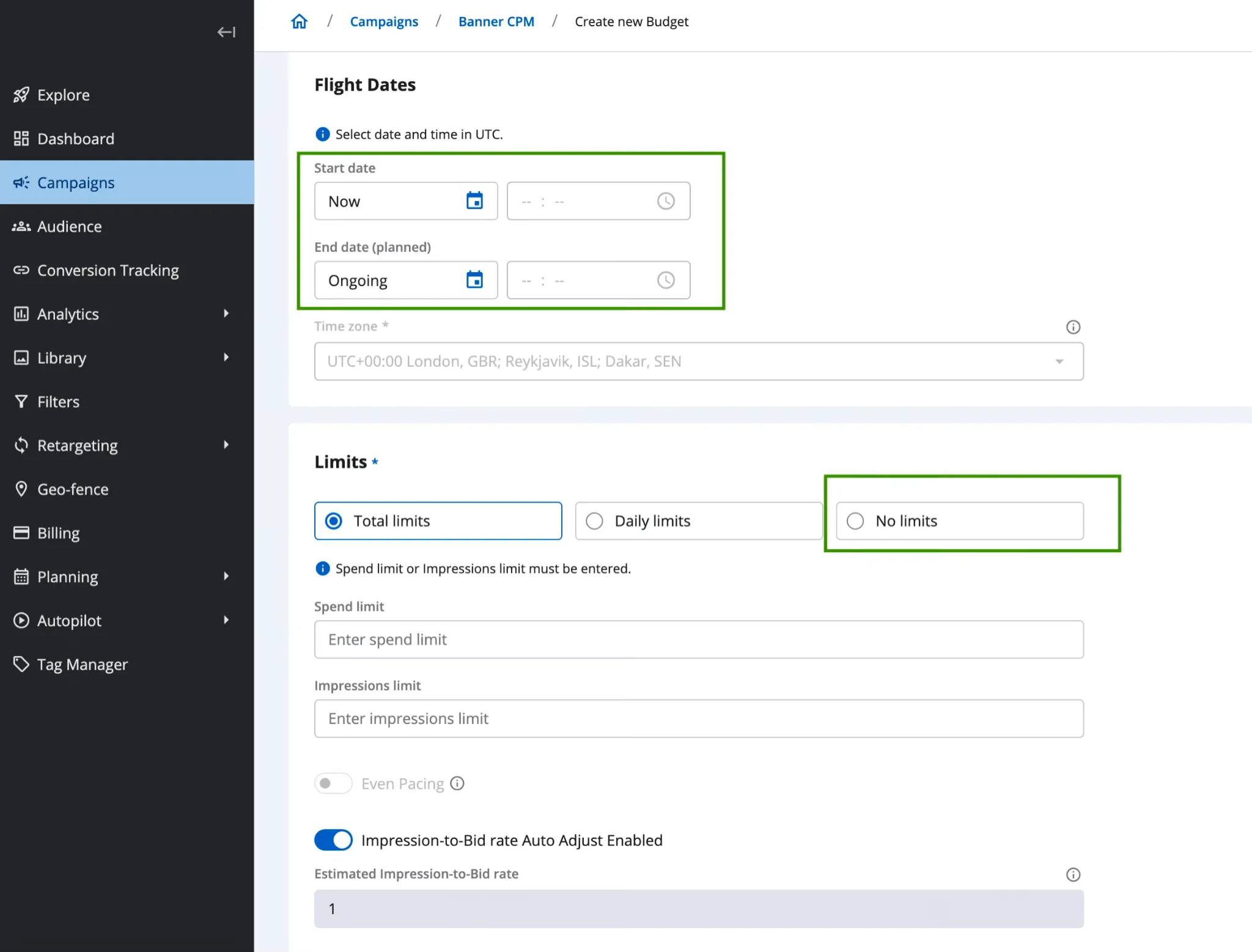 Epom DSP 8.2: Endless Budget setup with Ongoing end date and No Limits option