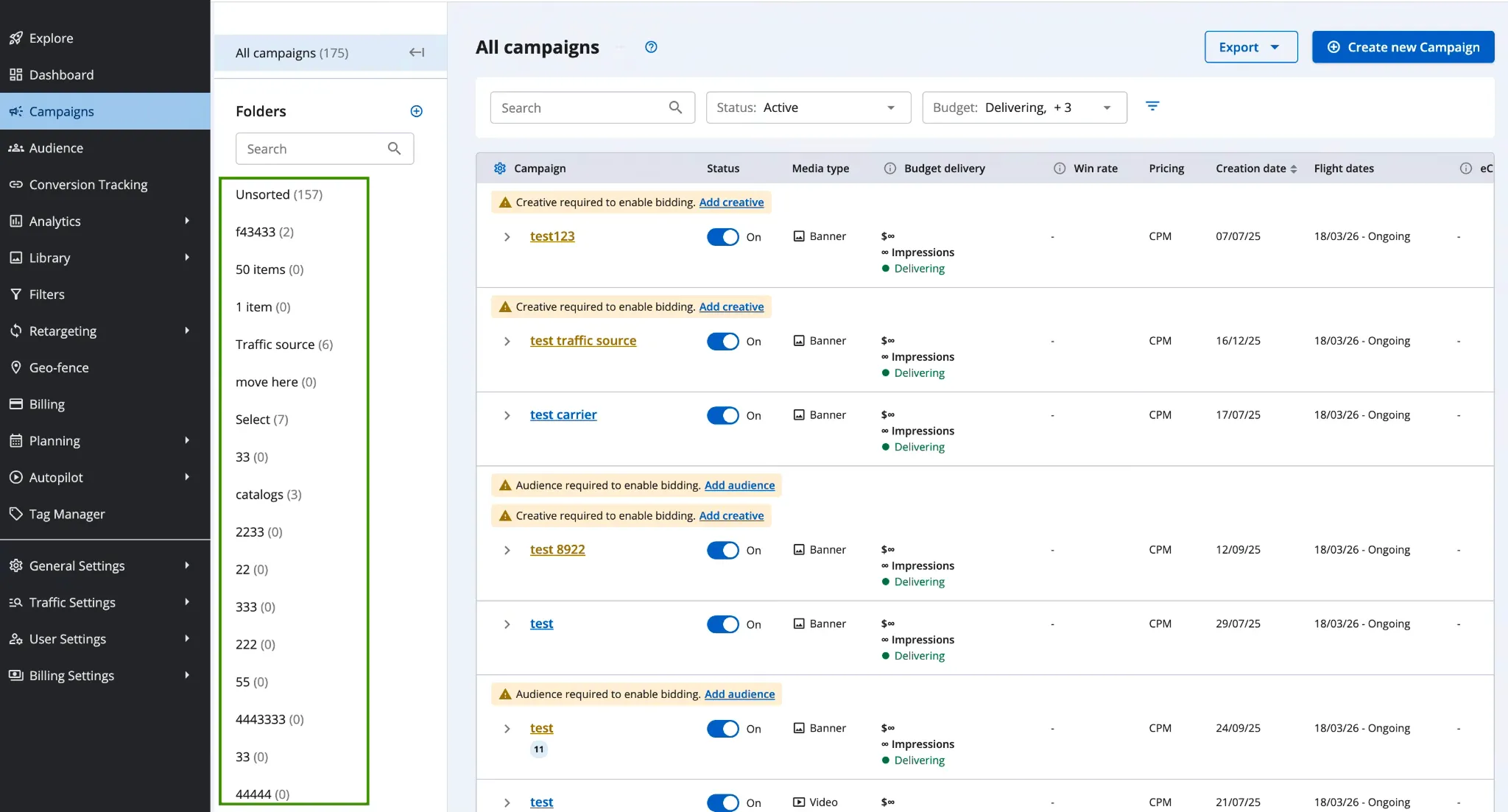 Epom DSP 8.2: Campaign folder list with drag-and-drop reorder
