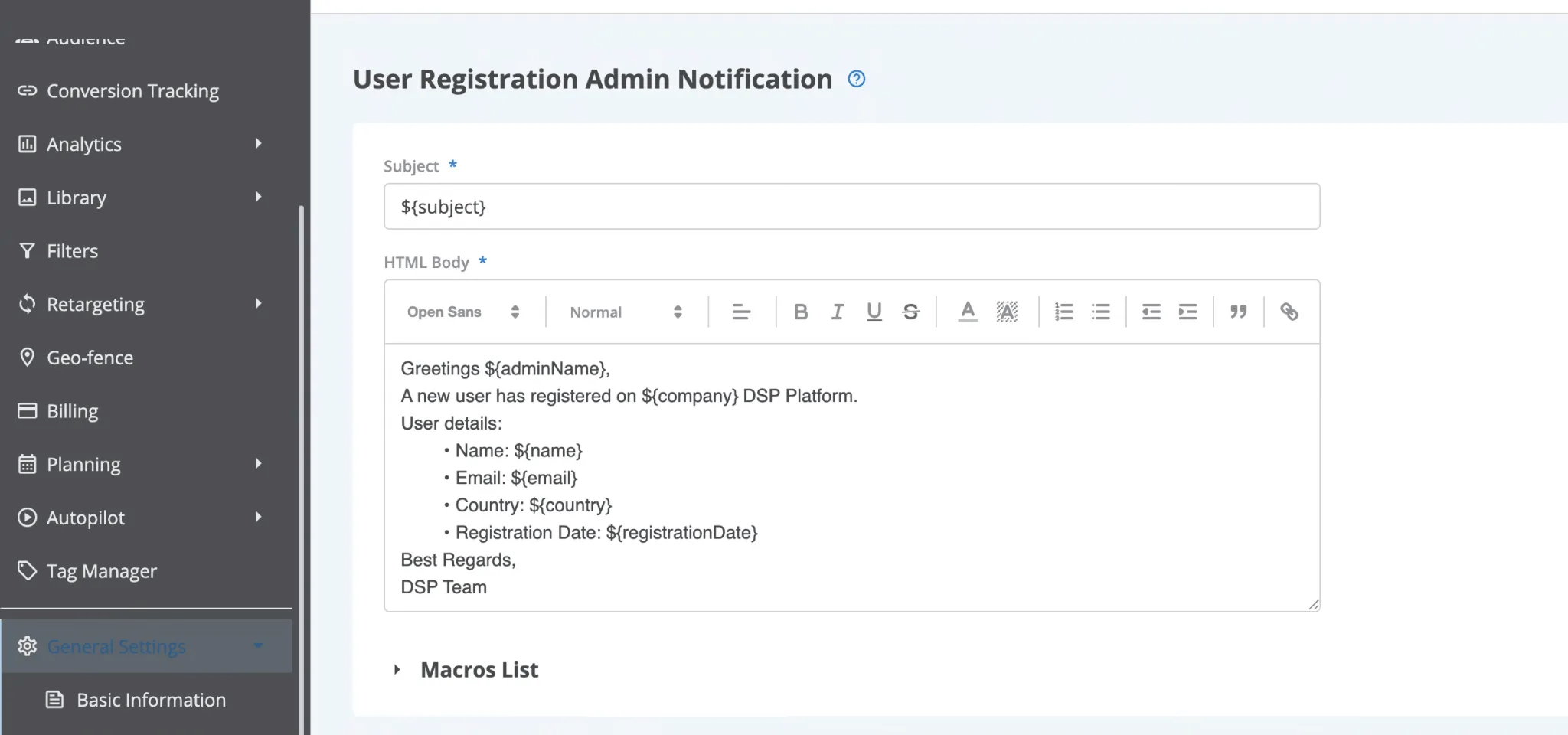 Epom DSP 8.2: Admin registration notification template in Email Sender settings