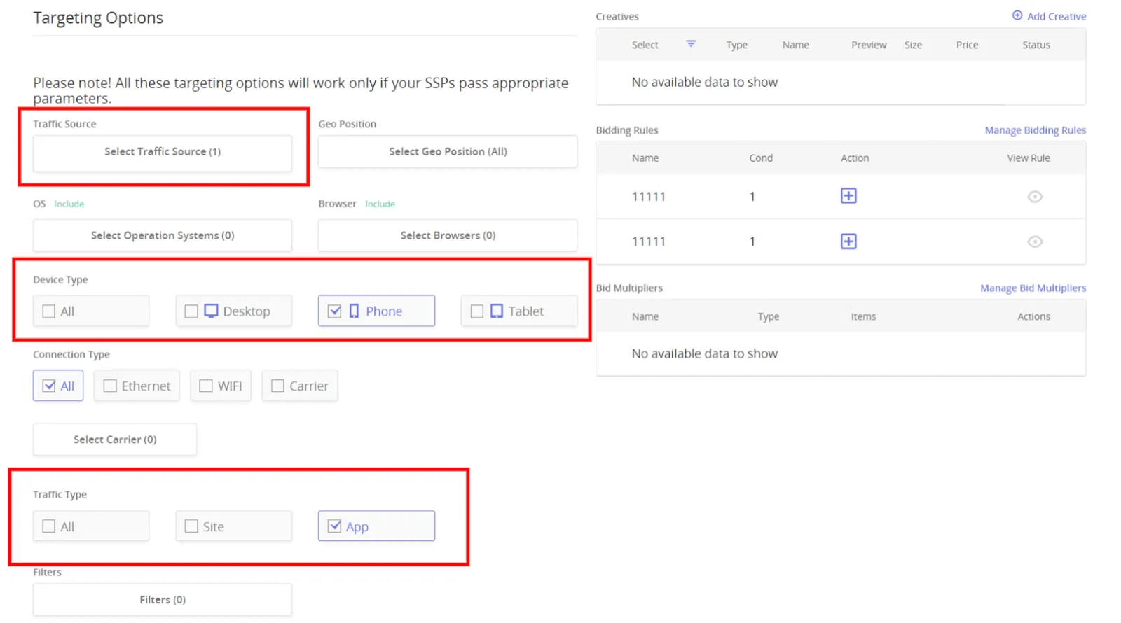 Selecting Device, Traffic Type and Source in Epom WL DSP