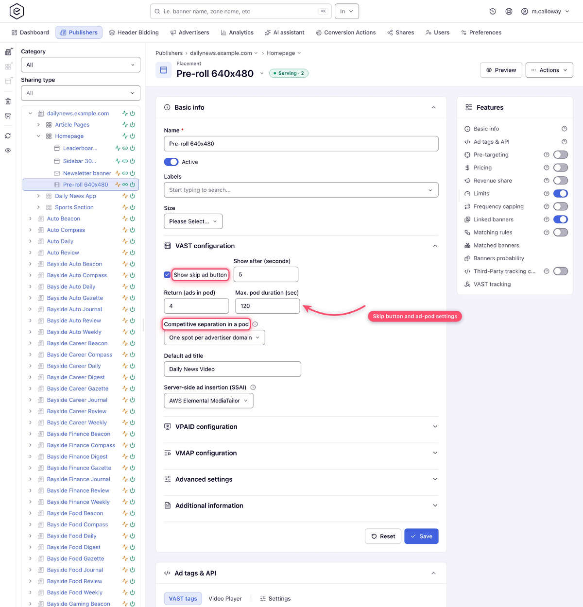 Epom Ad Server — a video placement's VAST configuration, with the SSAI picker and competitive separation