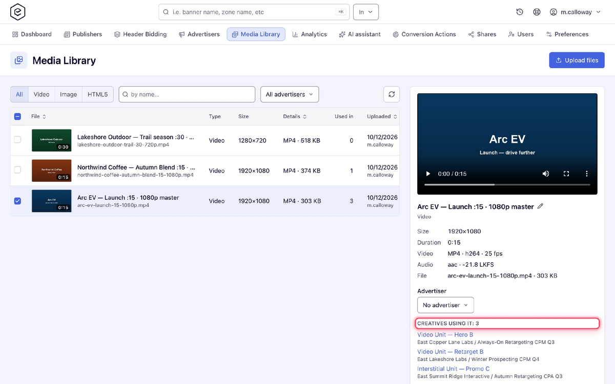 Epom Ad Server — the media library, showing how many creatives use each file