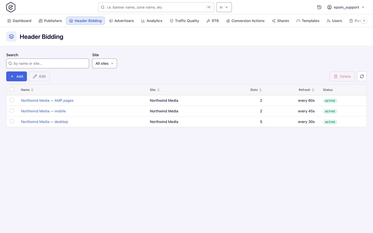 Epom Ad Server — the header bidding tag list, with slot counts, refresh interval and status per tag