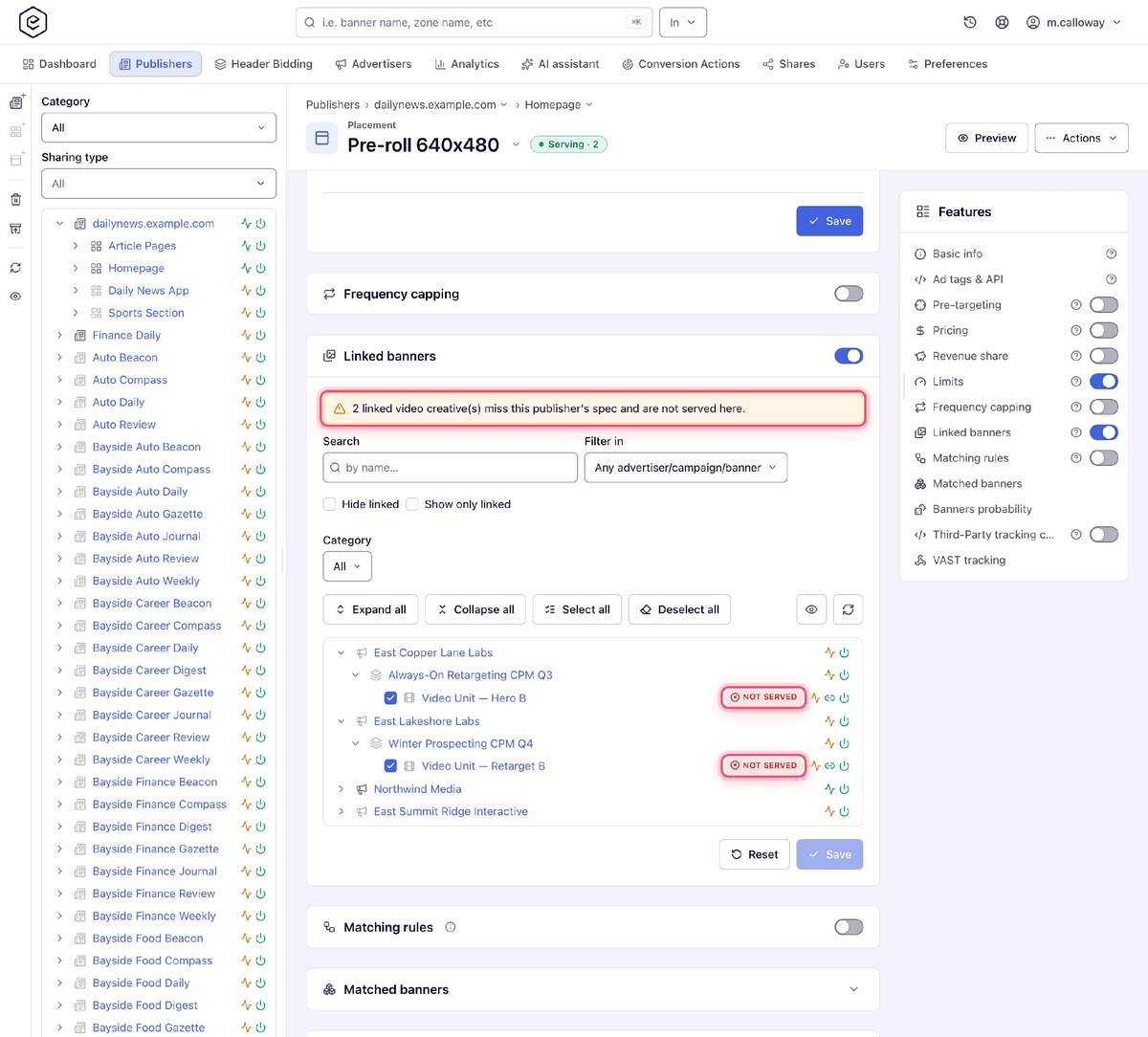 Epom Ad Server — linked creatives marked Not served where they miss the publisher's spec