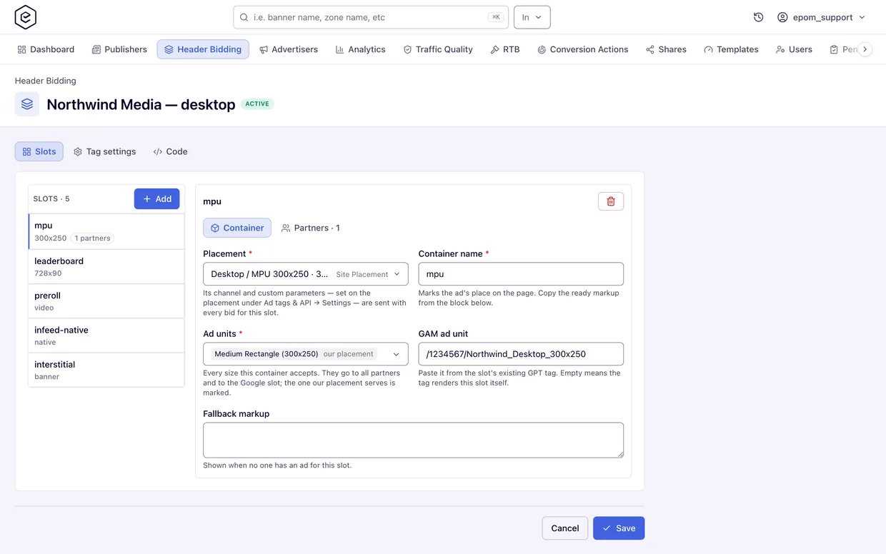 Epom Ad Server — the slot editor, with display, video, native and interstitial slots on one tag