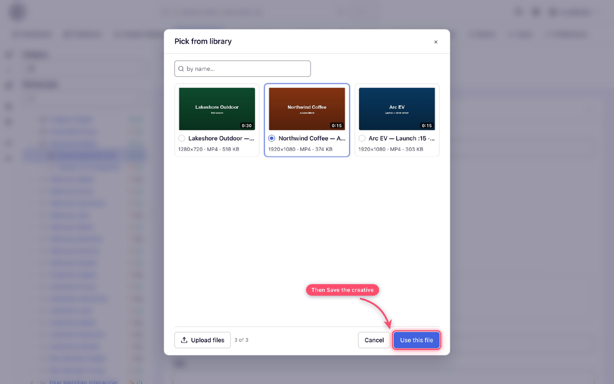 Epom Ad Server — picking a stored video from the media library