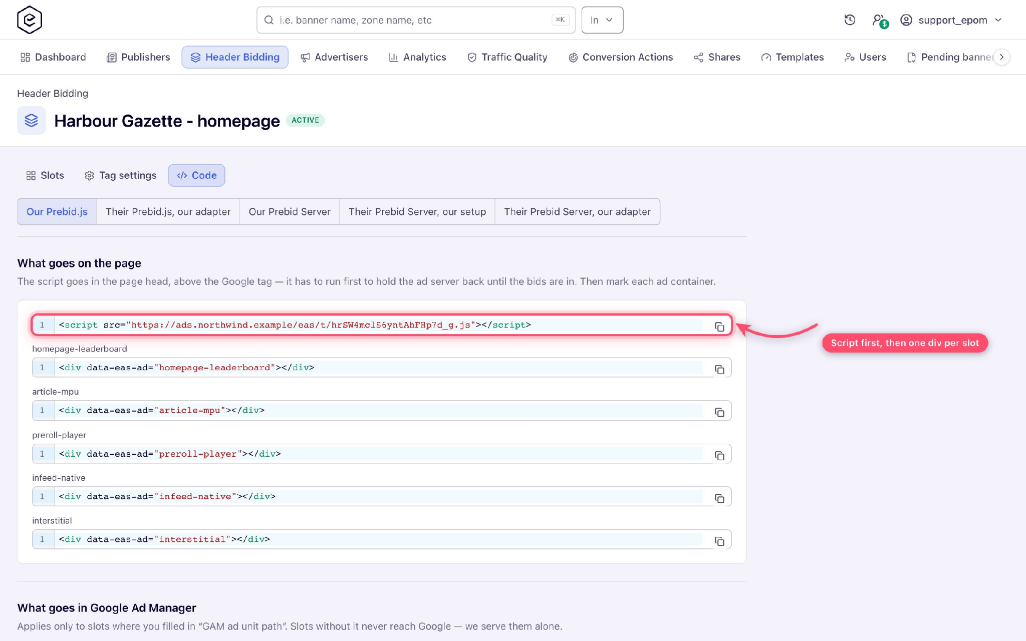 Epom hosted Prebid tag code for a publisher site.