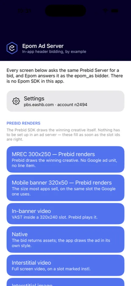 The reference app's format menu — ten in-app formats on one Prebid Server