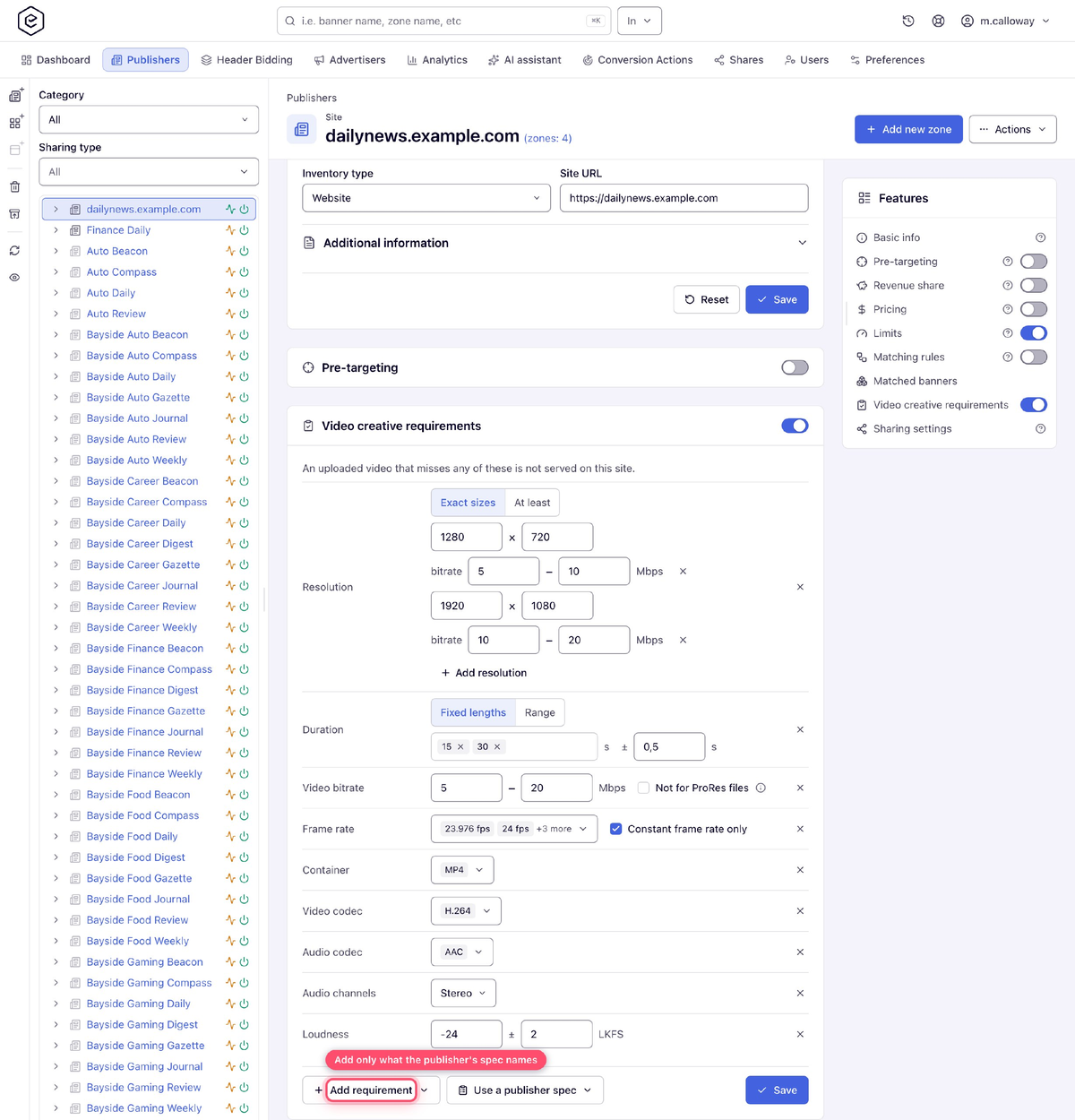 Epom Ad Server — the video creative requirements card on a site, with Use a publisher spec