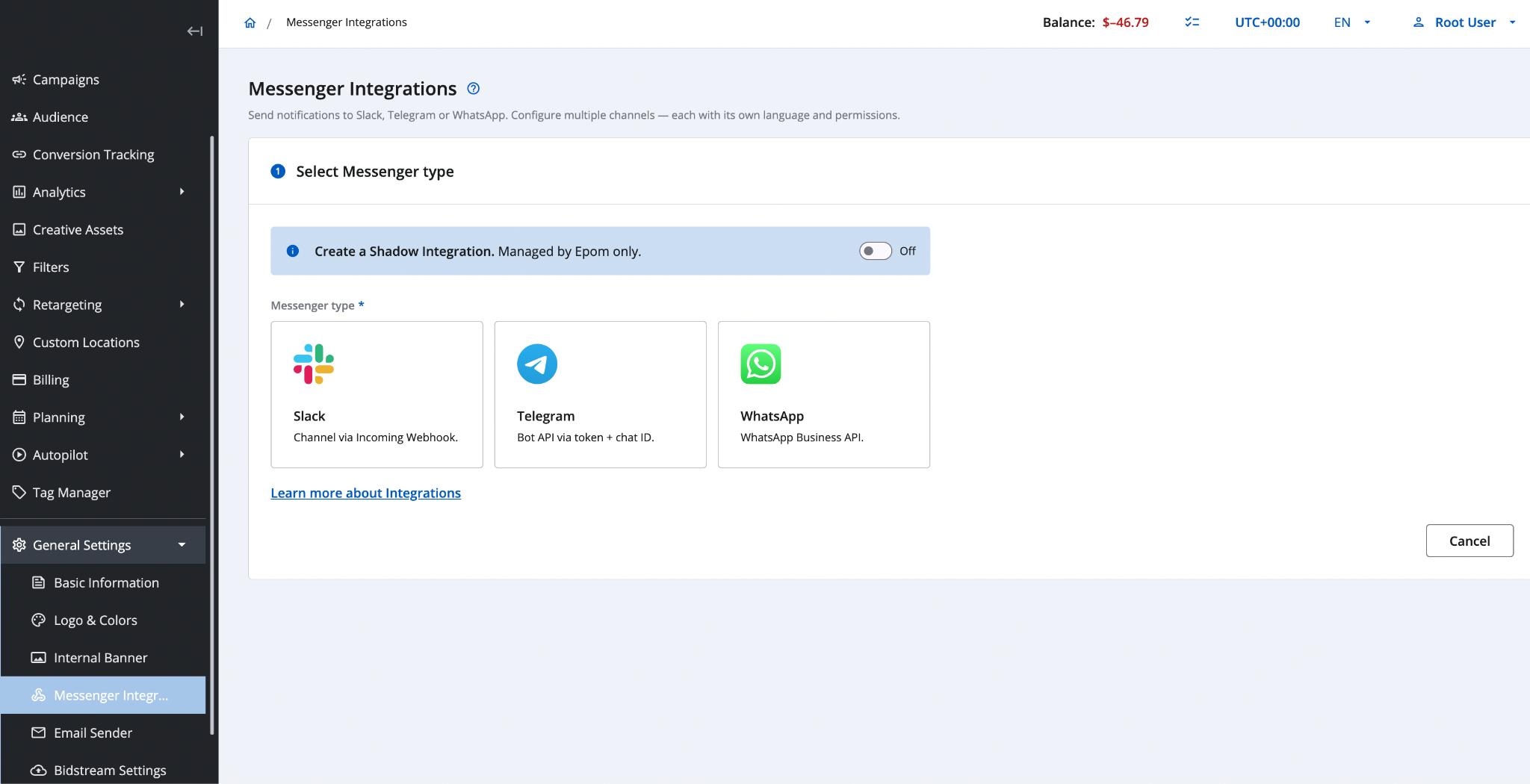 Messenger Integrations: route DSP alerts to Slack and Telegram at once.
