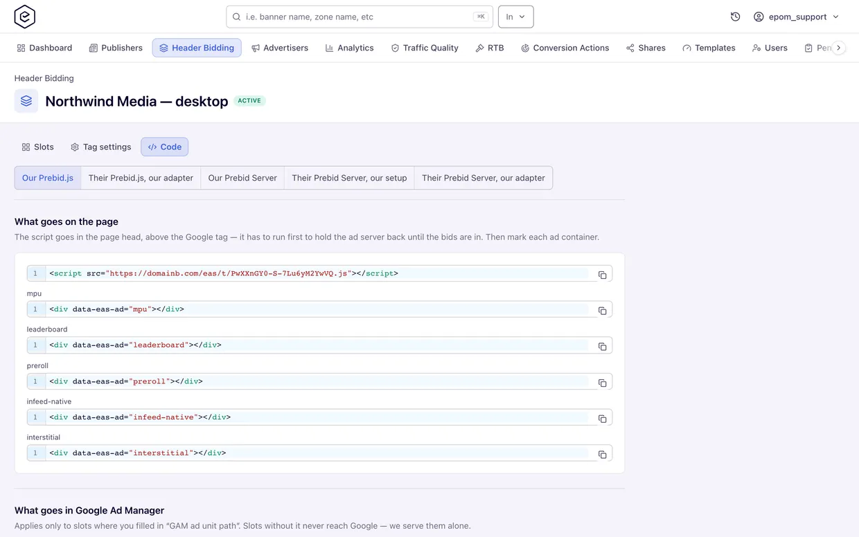 Epom Ad Server — the Code tab generating the page script and one container per slot