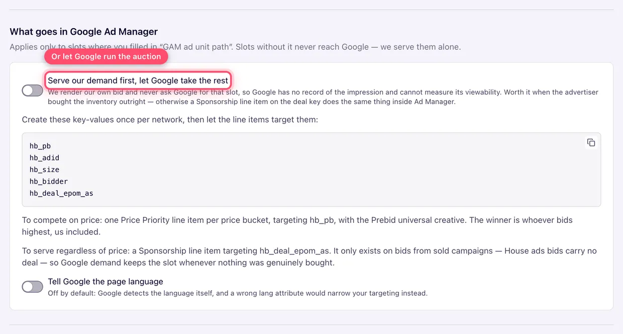 Epom Ad Server — the key-values to register in Google Ad Manager and the two line item recipes