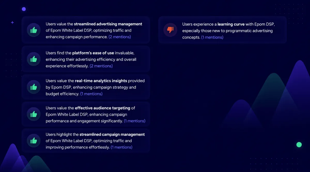 Summary of pros and cons of Epom DSP platform based on G2 reviews