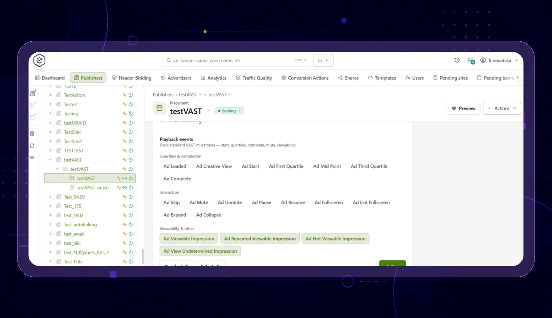 Epom ad server — viewability tracking configured on a video placement