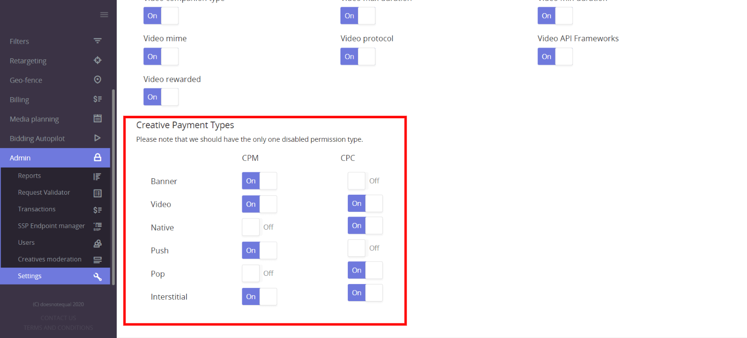 Creative payment types permission in Epom DSP 4.10