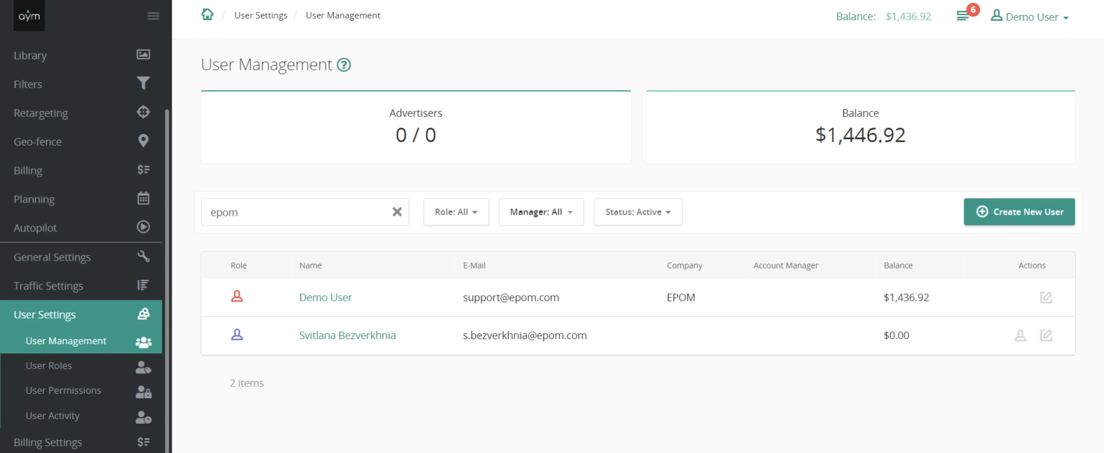 Epom white-label DSP 5.5 user management search