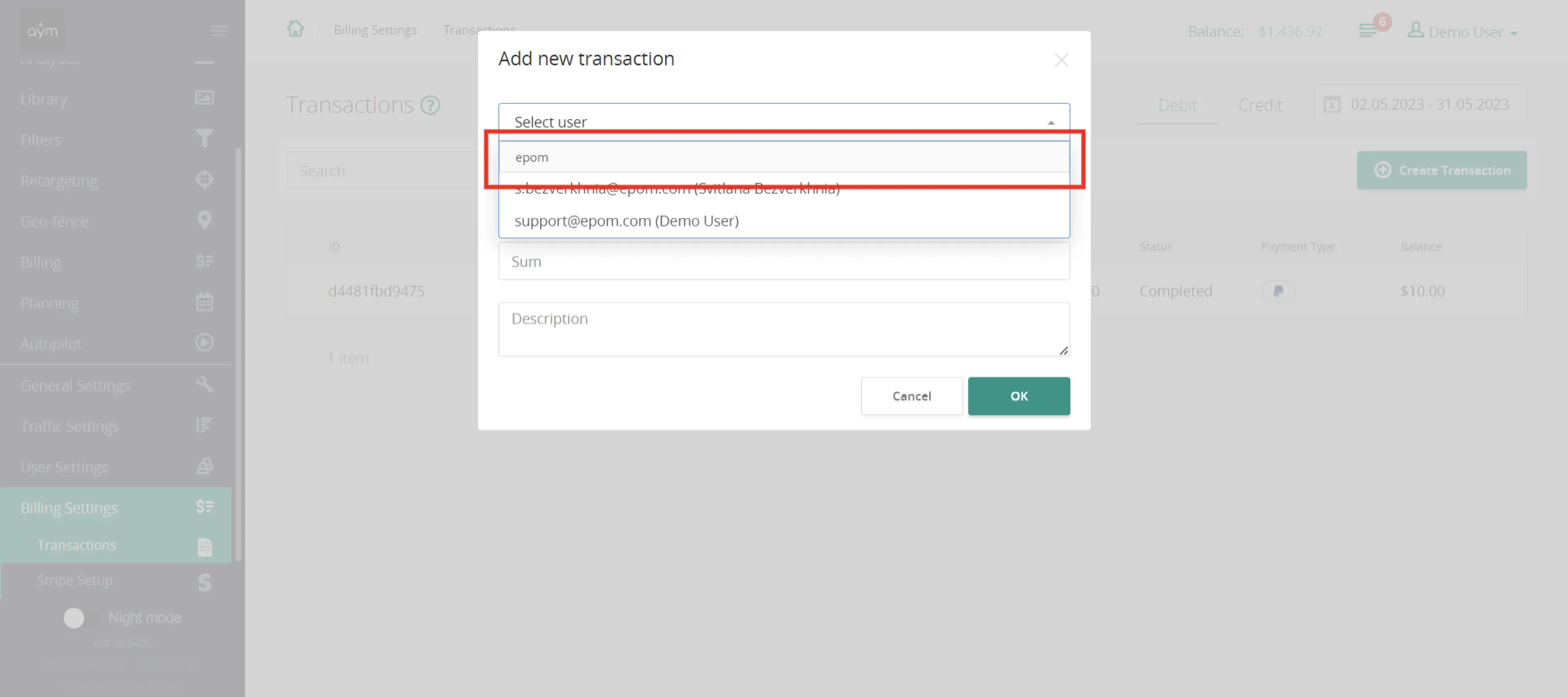 Epom white-label DSP 5.5 billing user search