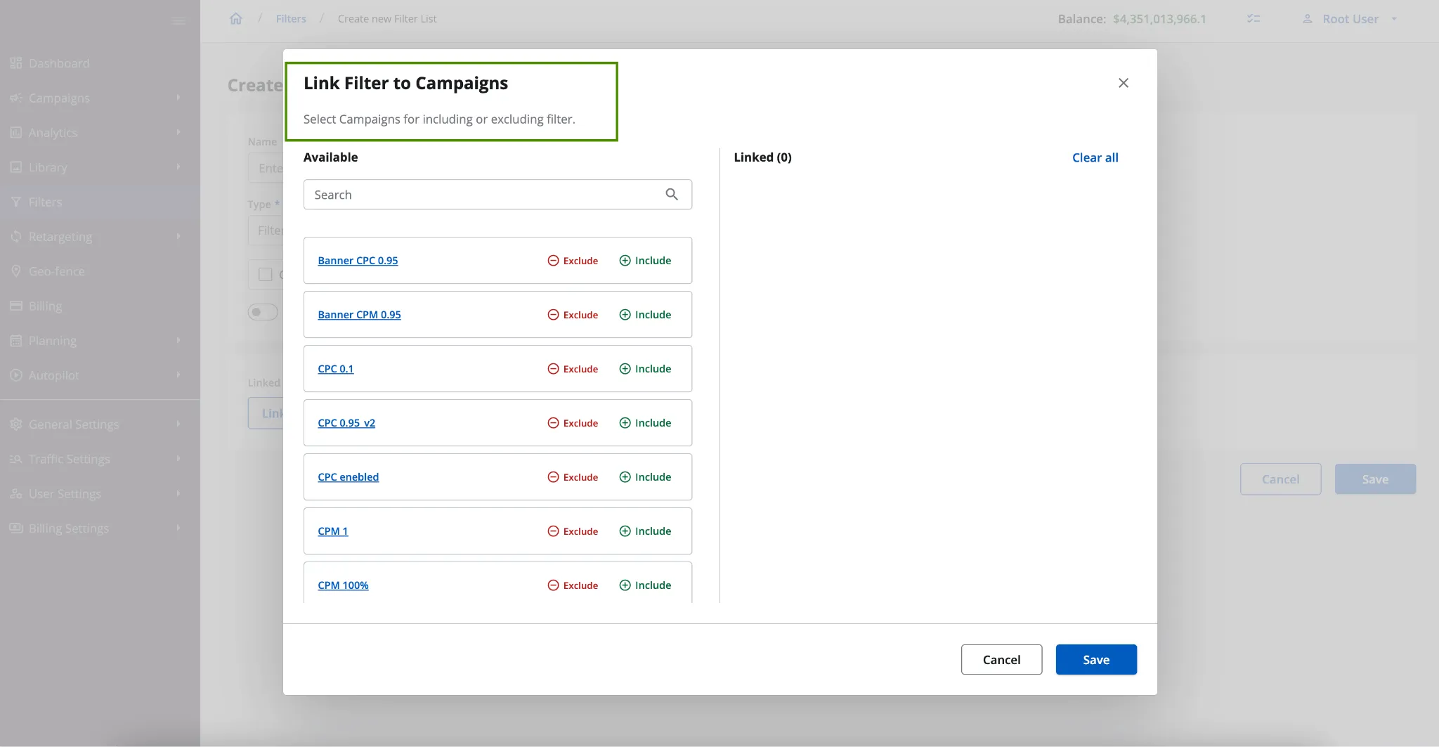 two-way linking filters to campaign