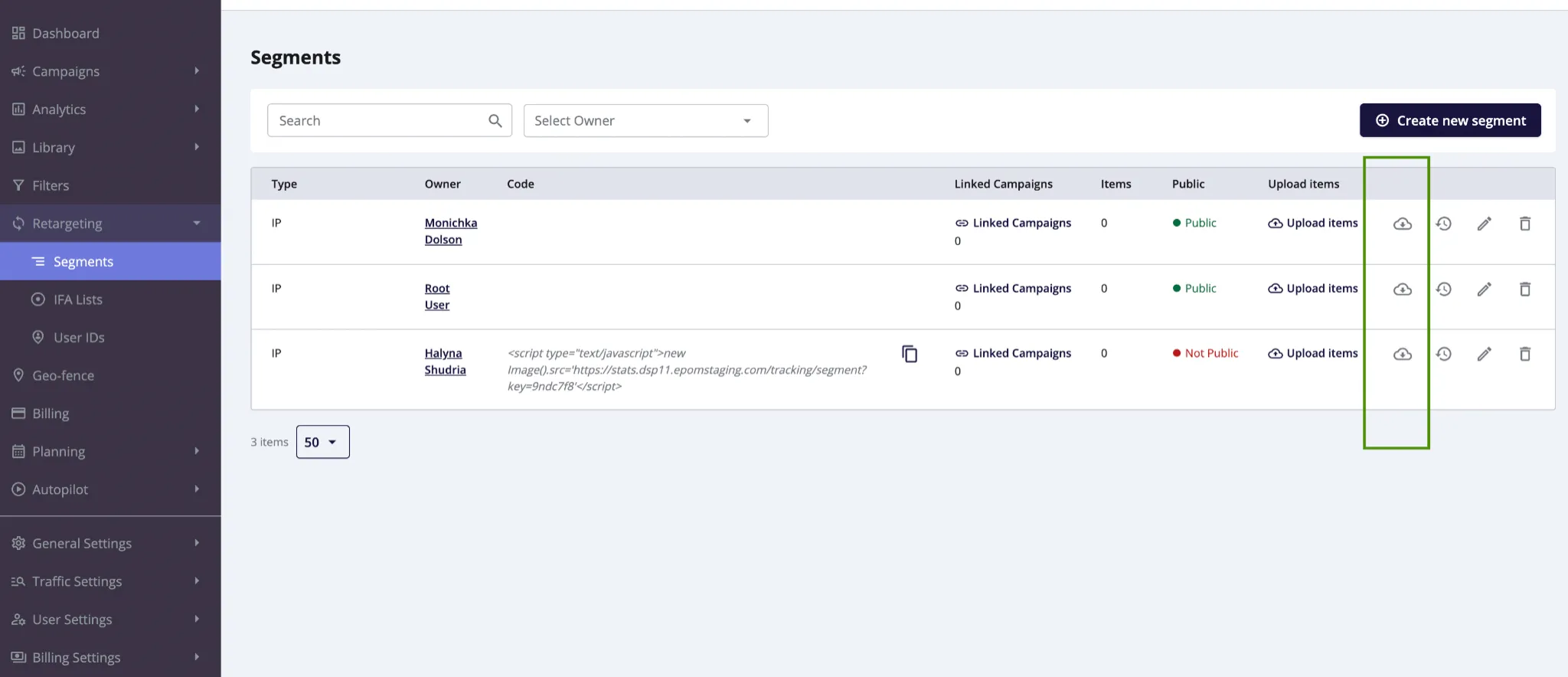 segment download permissions in Epom DSP 6.9.5