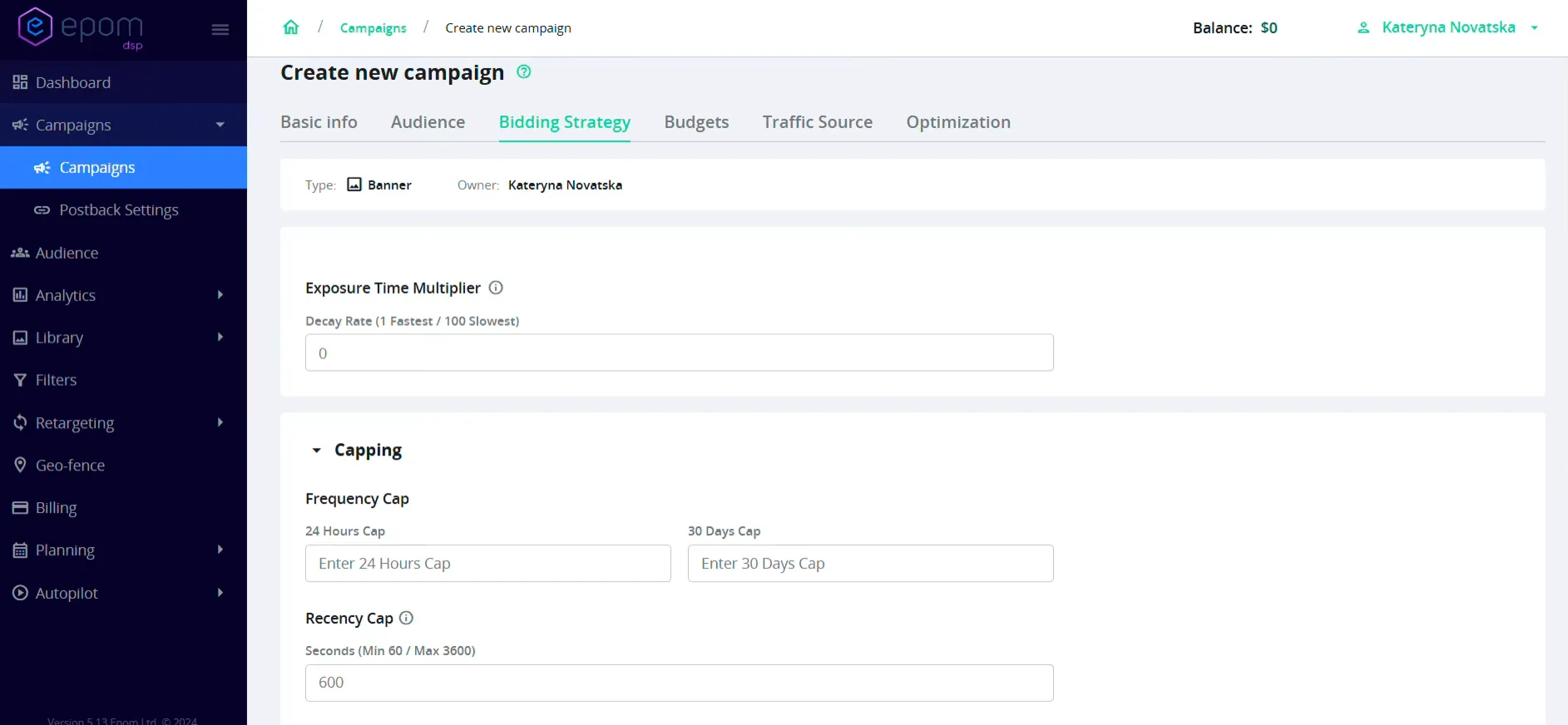 Epom DSP 7.2: bidding strategy tab
