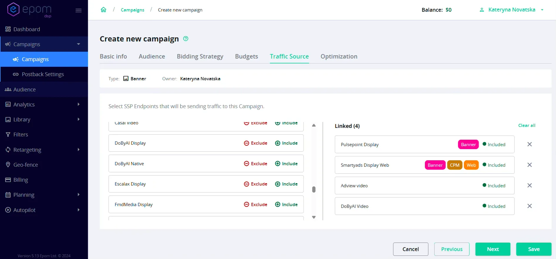 Epom DSP 7.2: traffic sources tab