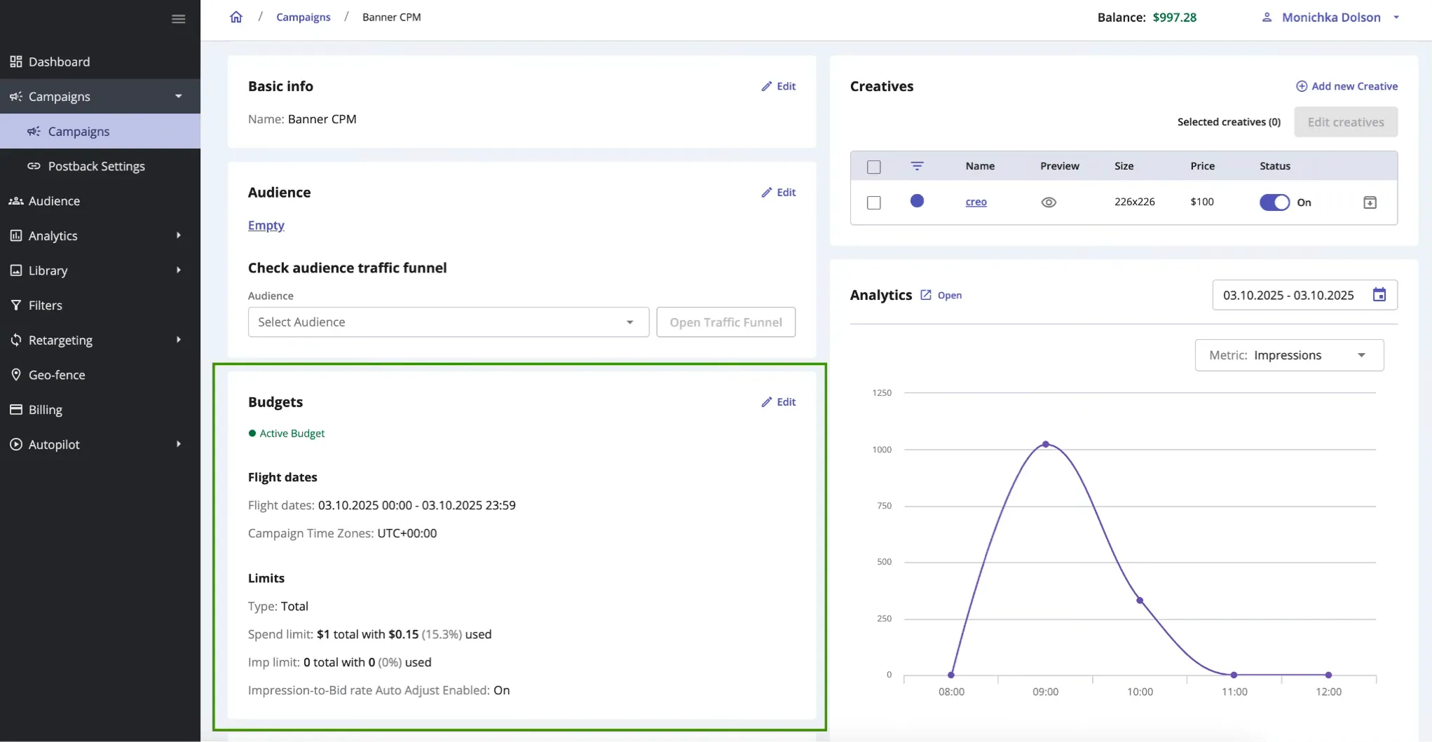 Epom DSP 7.2: Budgets appear in the campaign preview.