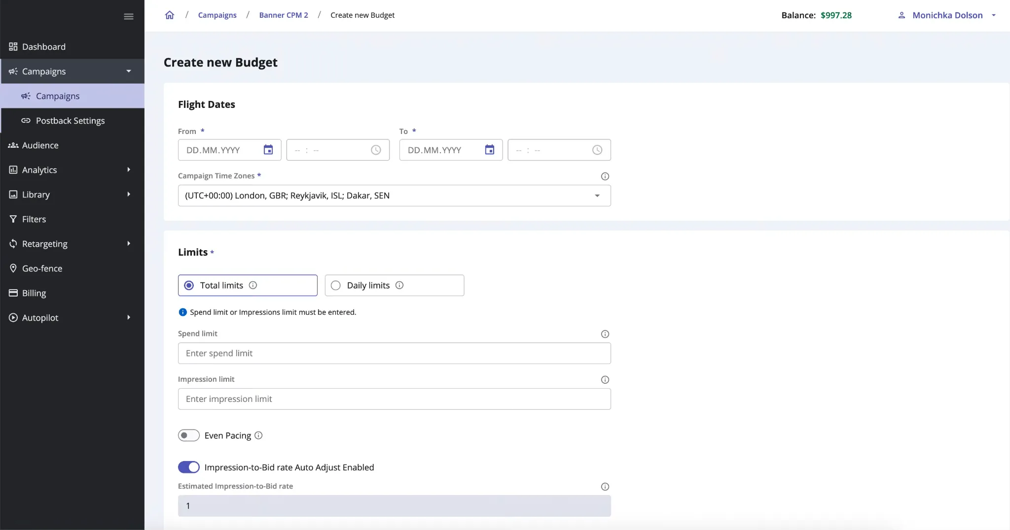 Epom DSP 7.2: Budget creation