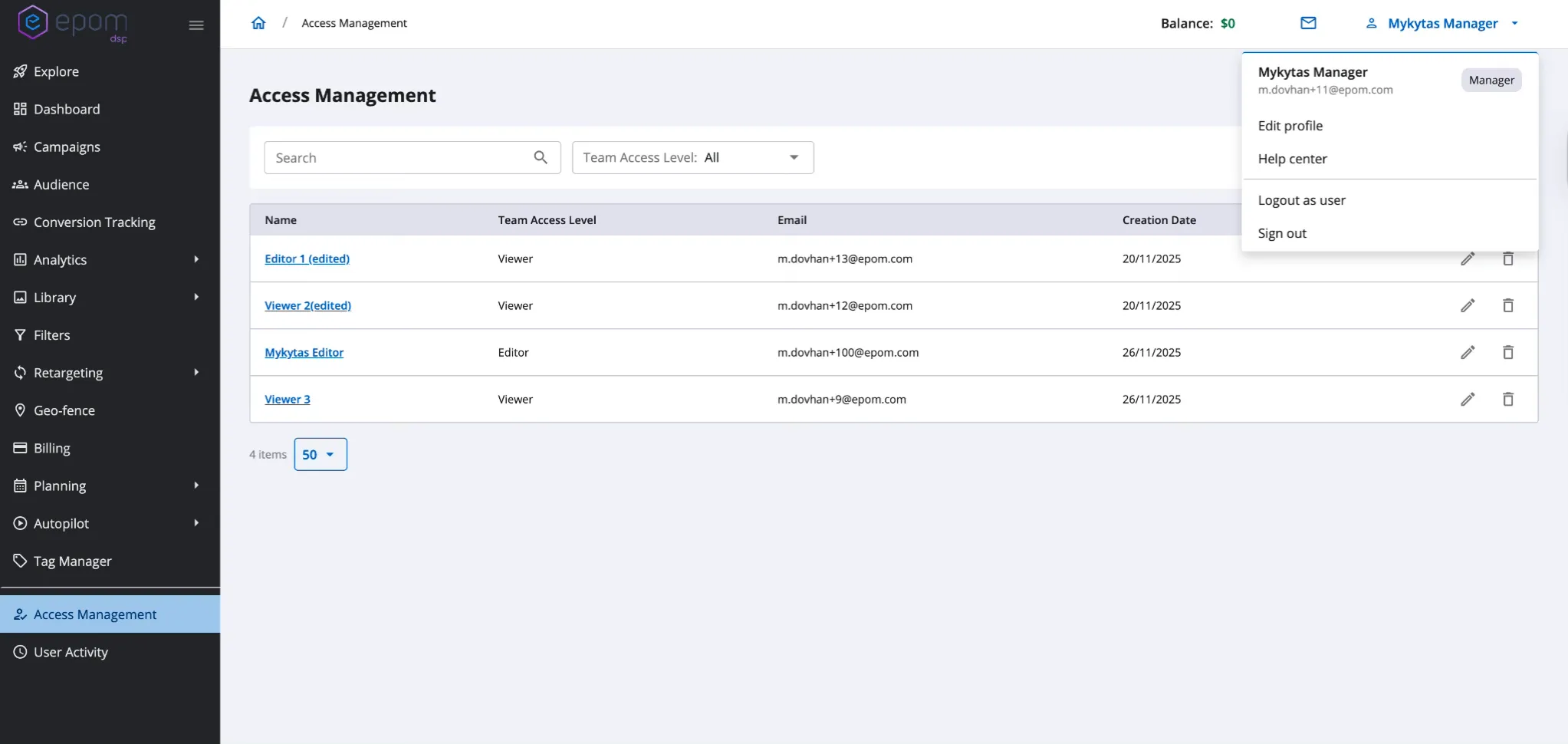 Access management in Epom ad platform