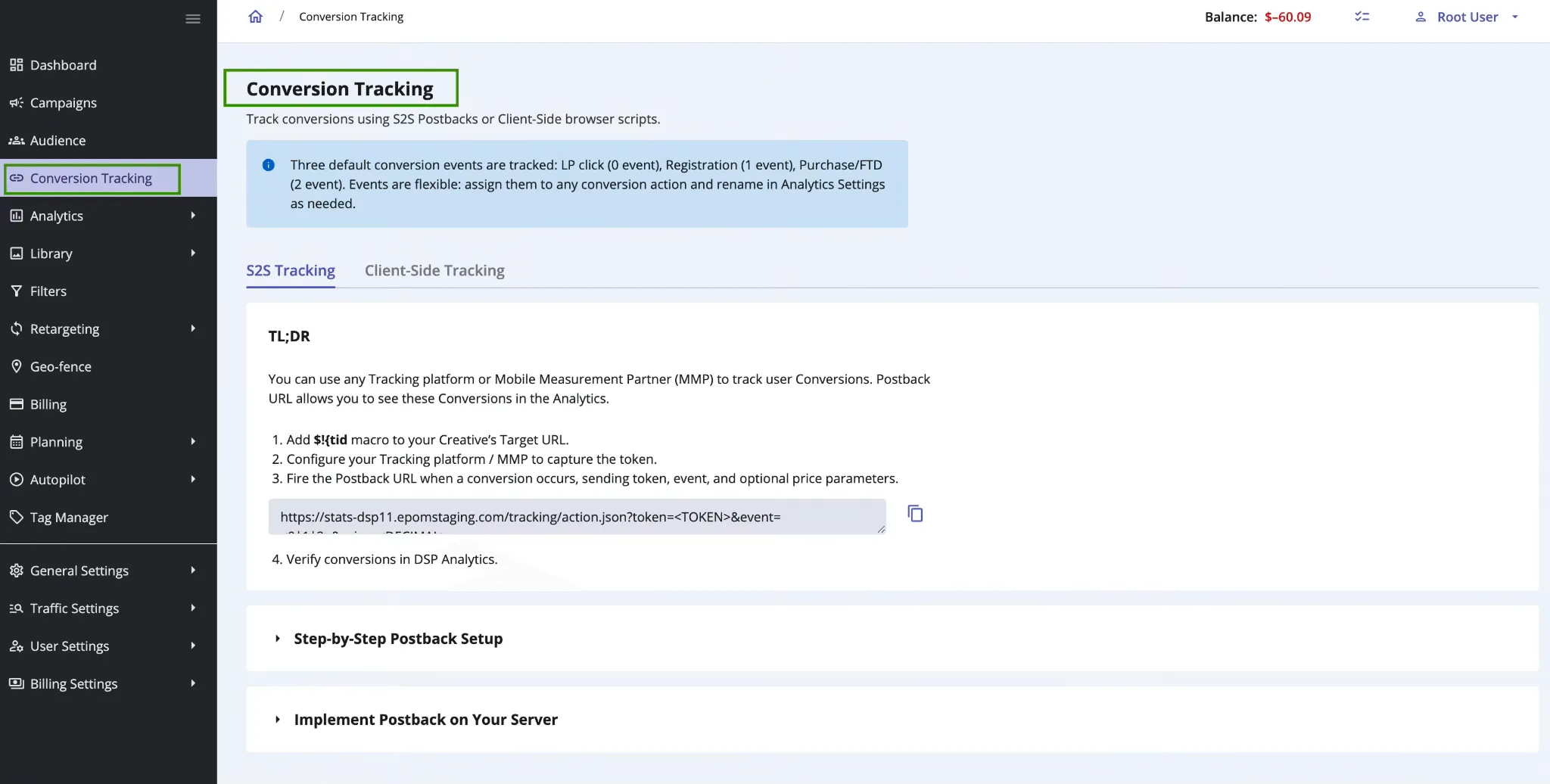 Conversion tracking tab in Epom ad platform