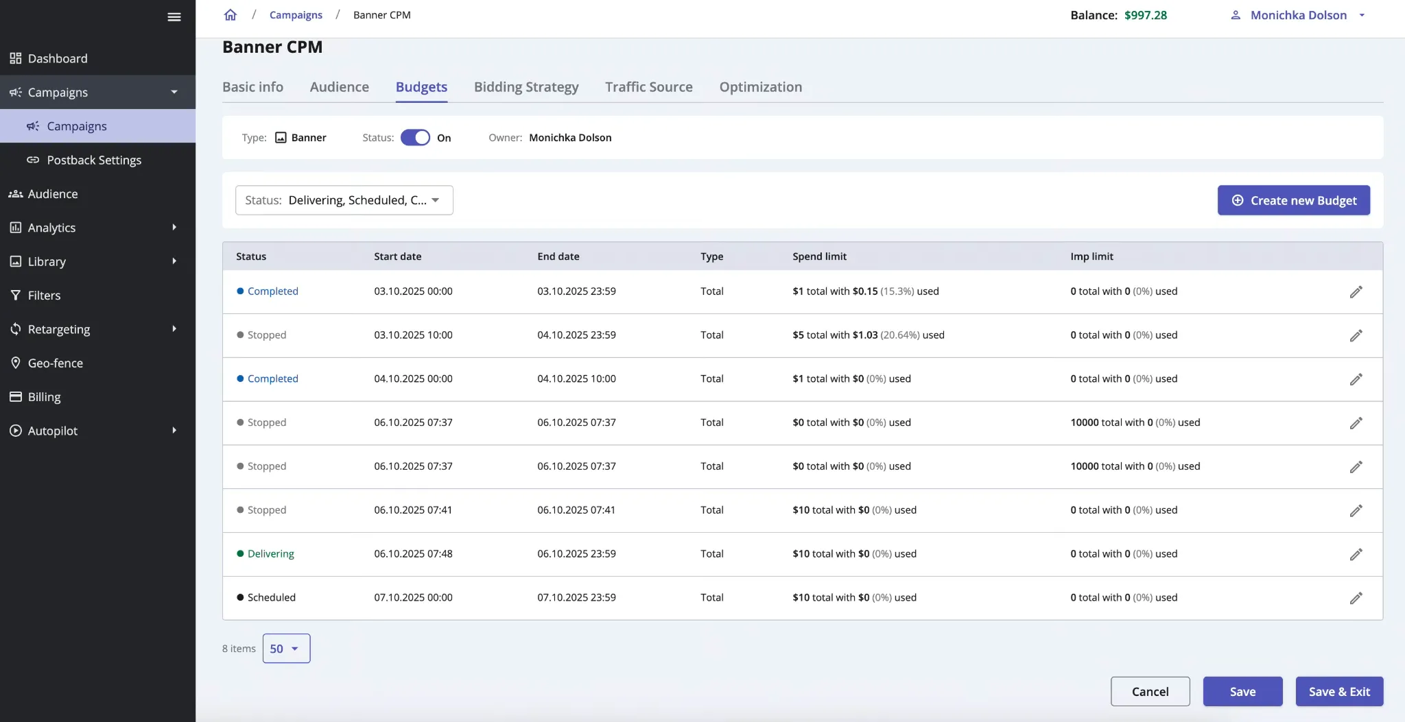 Epom DSP 7.2: Budget statuses