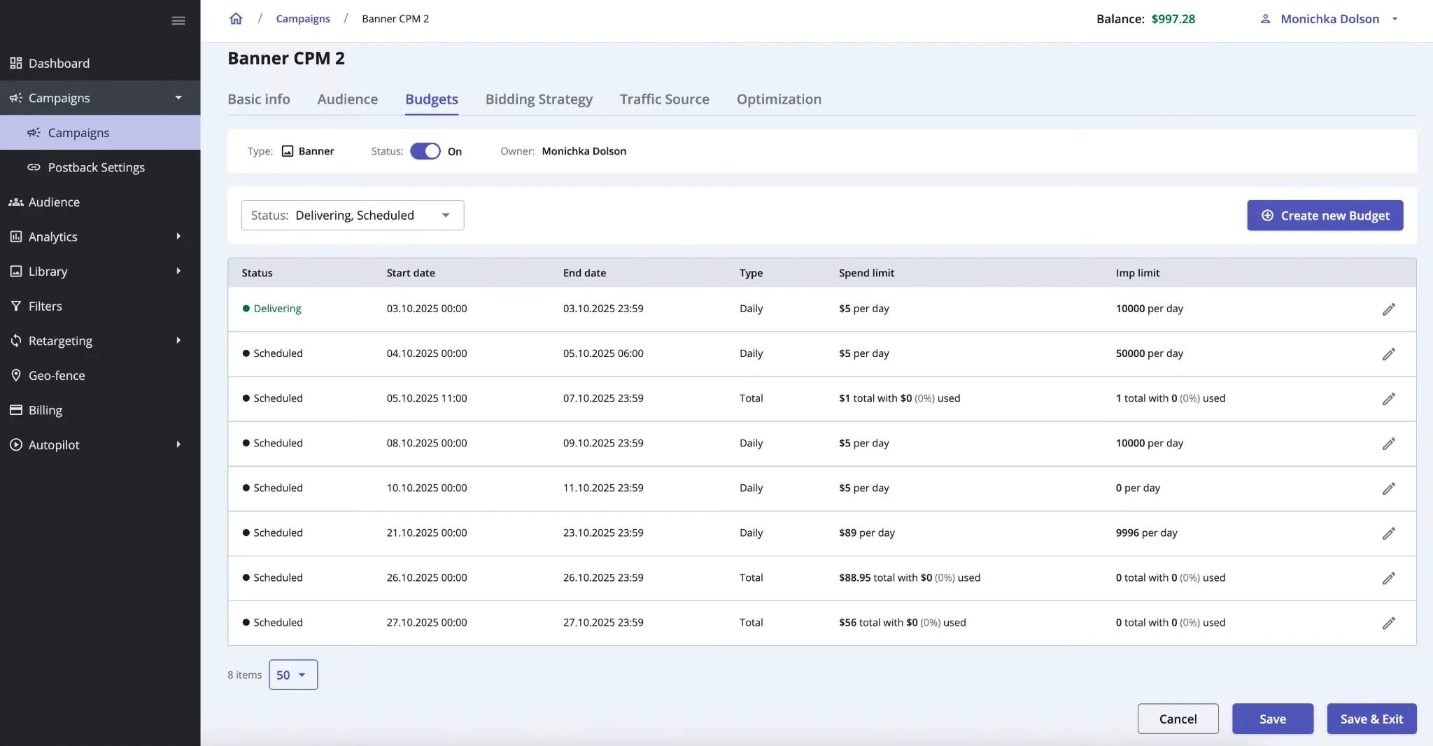 Epom DSP 7.2: Budget view and editing