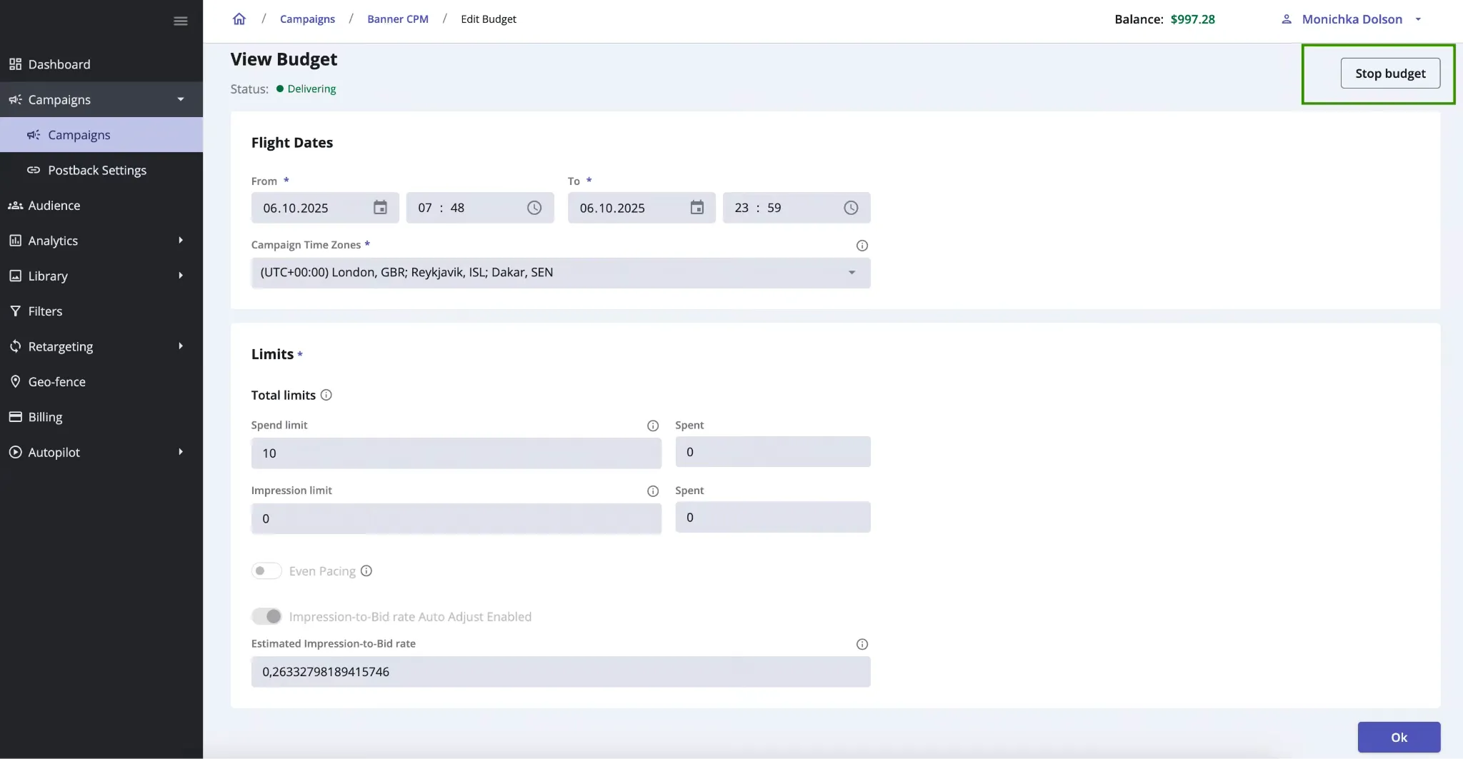 Epom DSP 7.2: stopping a budget