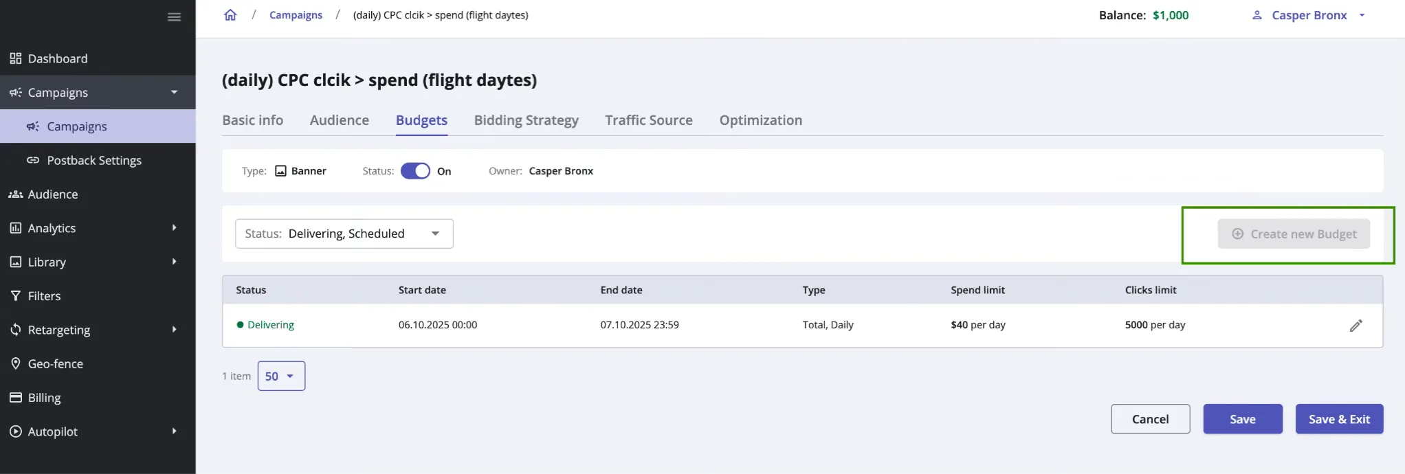 Epom DSP 7.2: creation of a budget disabled